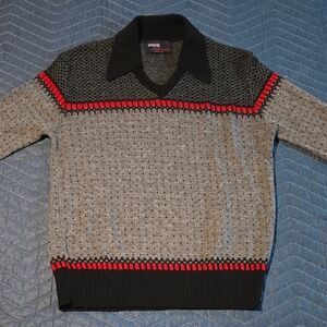 Sears V-Neck Sweater in Gray and Black with Red Highlights